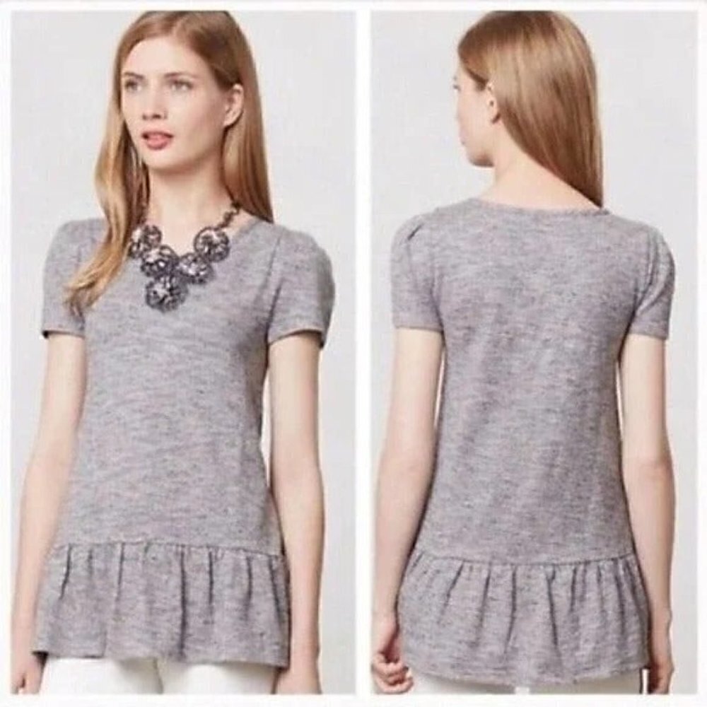 Leifnotes Anthropologie Grey Marl Peplum Knit Top Puff Sleeve Cotton Small‎